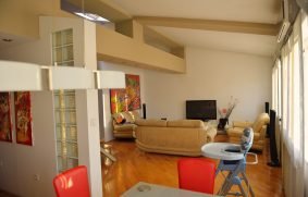 Modern living room with couches and TV in new  apartment